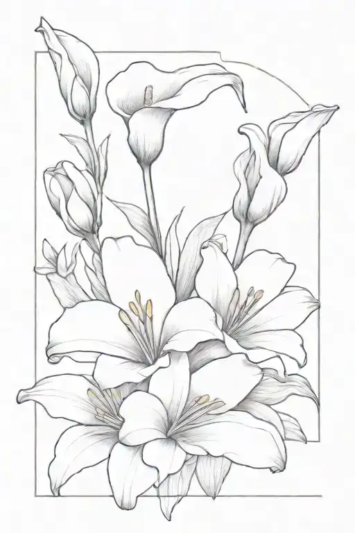 A Lily flower, a freesia flower and a calla lily inside a Polaroid photo tattoo design idea