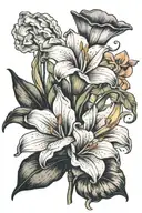A Lily flower, Freesia flower and a Calla Lily inside a Polaroid photo with writing on the bottom tattoo design idea