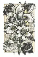 A Lily flower, Freesia flower and a Calla Lily inside a Polaroid photo with writing on the bottom tattoo design idea