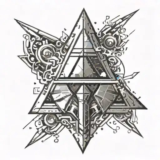 Design a tattoo of a pixelated triforce symbol from The Legend of Zelda: Ocarina of Time in a black-grey style tattoo design idea