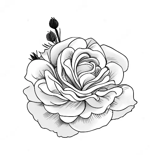 A boquet with larkspur flower, a wild rose flower and a chrysantemum flower tied together with a messy narrow ribbon bow tattoo design idea