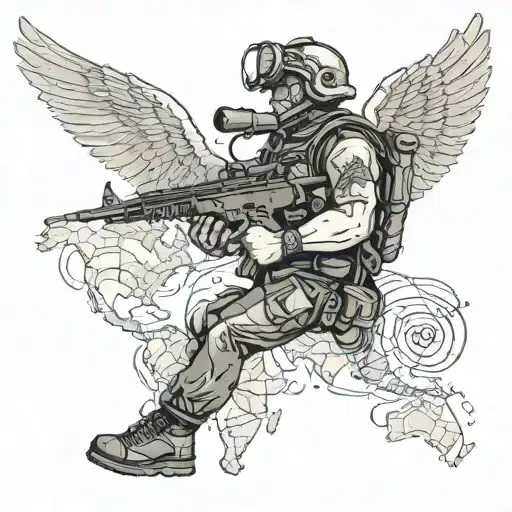 An army veteran holding a gun with wings, flying over a world map with scuba diving gear and musical notes tattoo design idea