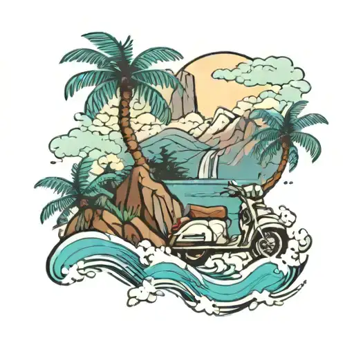 Mountain, waterfall, waves, palm tree and a scooter tattoo design idea