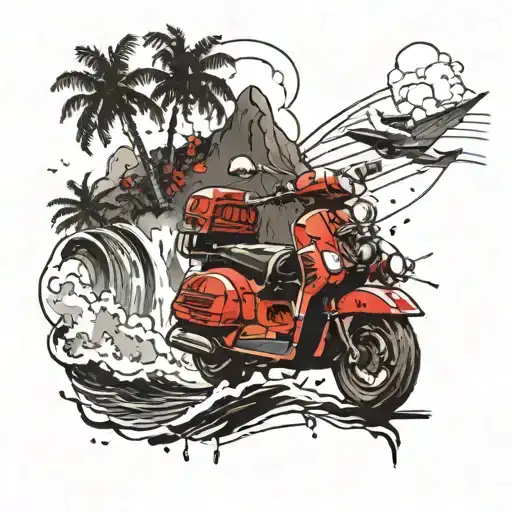 Mountain, waterfall, waves, palm tree and scooter in the back  tattoo design idea