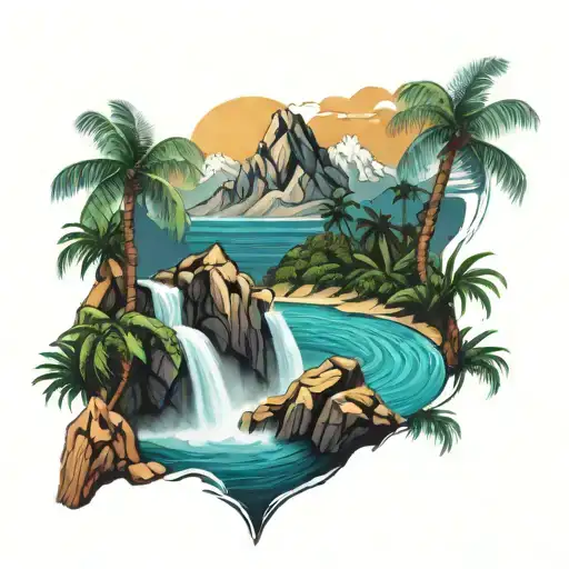 Mountain, waterfall, waves, palm tree tattoo design idea