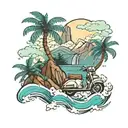 Mountain, waterfall, waves, palm tree and a scooter tattoo design idea