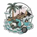 Mountain, waterfall, waves, palm tree and a scooter tattoo design idea