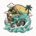 Mountain, waterfall, waves, palm tree and a scooter tattoo design idea