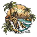 Mountain, waterfall, waves, palm tree tattoo design idea