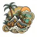 Mountain, waterfall, waves, palm tree tattoo design idea