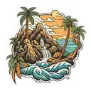 Mountain, waterfall, waves, palm tree tattoo design idea
