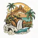 Mountain, waterfall, waves, palm tree tattoo design idea