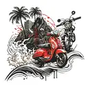 Mountain, waterfall, waves, palm tree and scooter in the back  tattoo design idea