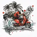 Mountain, waterfall, waves, palm tree and scooter in the back  tattoo design idea