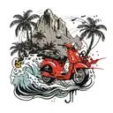 Mountain, waterfall, waves, palm tree and scooter in the back  tattoo design idea