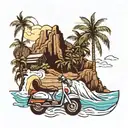 Mountain, waterfall, waves, palm tree and a scooter  tattoo design idea