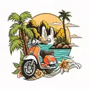 Mountain, waterfall, waves, palm tree and a scooter  tattoo design idea