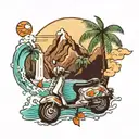 Mountain, waterfall, waves, palm tree and a scooter  tattoo design idea