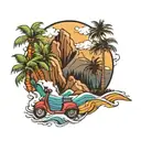 Mountain, waterfall, waves, palm tree and a scooter  tattoo design idea