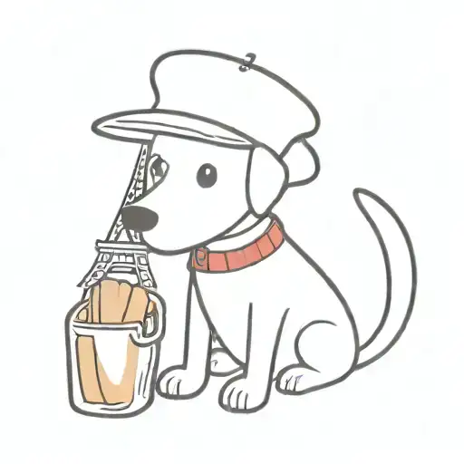 A sketch tattoo of a cute cartoon dog wearing a beret and holding a baguette, representing your favorite things of dogs and Paris tattoo design idea