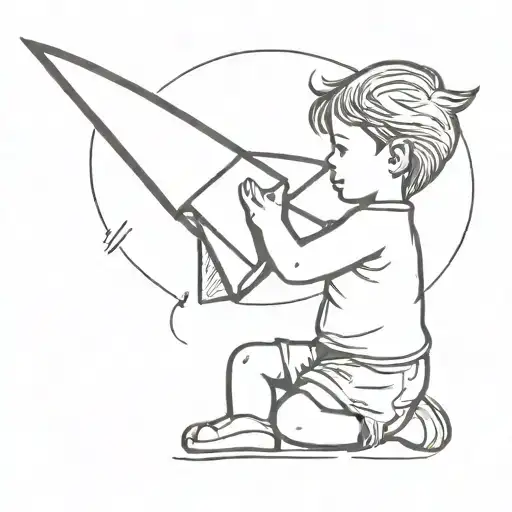 A sketch tattoo of a child playing with a paper airplane, symbolizing your love for kids and travel tattoo design idea
