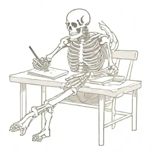 gothic-style skeleton seated at a table, writing in a book with a feather pen. The skeleton wears a motorcycle club cut  tattoo design idea