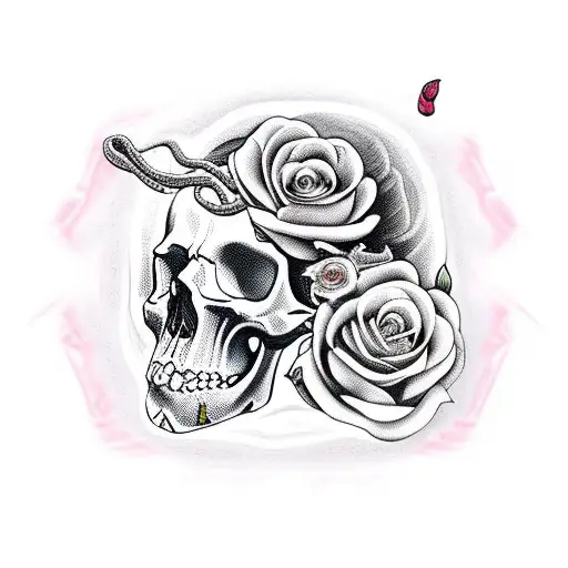 skull and snake with roses  tattoo design idea