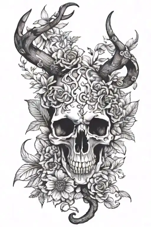 snakes, wildflowers and deer skull tattoo design idea
