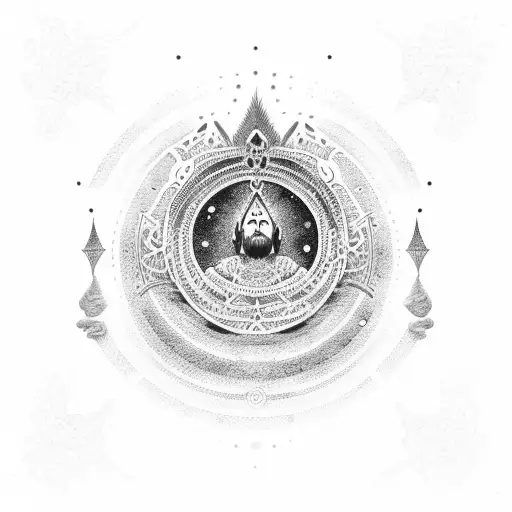 A dotwork tattoo depicting a majestic king sitting on a throne, with a celestial background representing the vastness of the universe. tattoo design idea