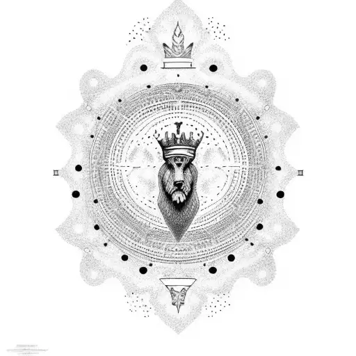 A dotwork tattoo depicting a majestic king sitting on a throne, with a celestial background representing the vastness of the universe. tattoo design idea