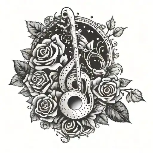 A dotwork tattoo of a music note made out of roses and musical instruments tattoo design idea