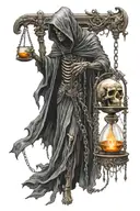 side profile full body grim reaper holding a hourglass with chains standing on skulls tattoo design idea