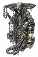side profile full body grim reaper holding a hourglass with chains standing on skulls tattoo design idea