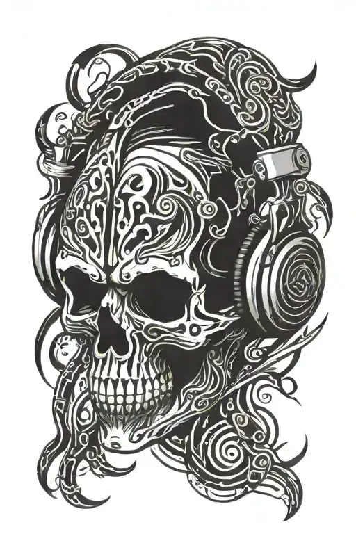 skull wearing headphones tattoo design idea