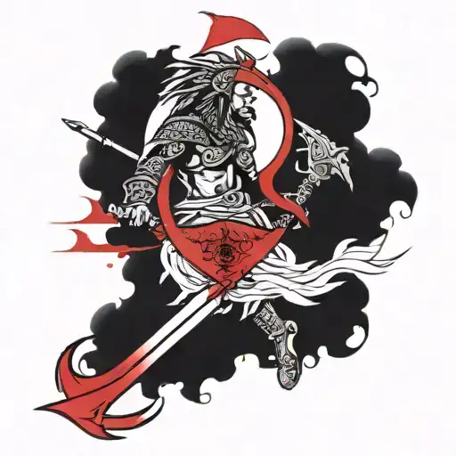 tattoo sleeve, divided into three planes, 1 the nose of a drakkar with a red sail rushing towards the sun on the nose of a drakkar a warrior, 2 a sea of ​​blood tattoo design idea