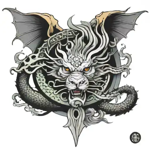lion dragon luck yin yang with samurai tattoo design idea