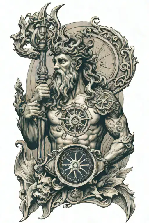 Poseidon holding trident with nautical compass  tattoo design idea