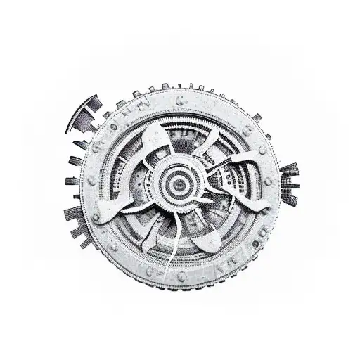 An intricate black-grey tattoo depicting a maintenance worker surrounded by gears and farm machinery tattoo design idea