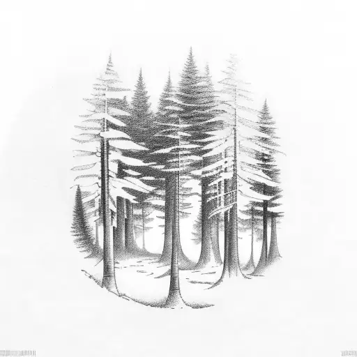 A forest landscape with mechanical farm equipment integrated into the scenery tattoo design idea