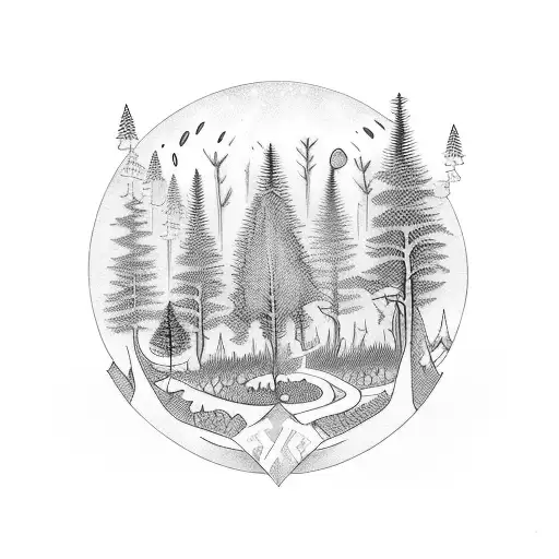 A blackwork tattoo of a forest with hidden mechanical farm elements scattered throughout the design tattoo design idea