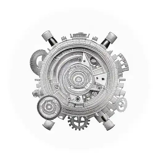 An intricate black-grey tattoo depicting a maintenance worker surrounded by gears and farm machinery tattoo design idea