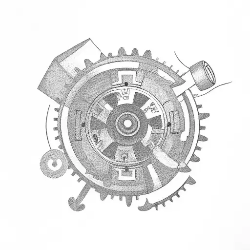 An intricate black-grey tattoo depicting a maintenance worker surrounded by gears and farm machinery tattoo design idea