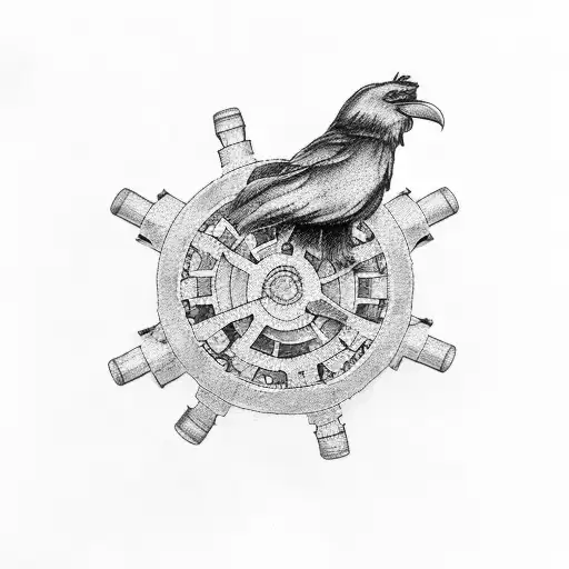 A mechanical raven with gears and tools in a farm setting tattoo design idea