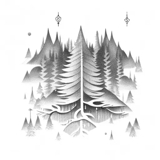 A blackwork tattoo of a forest with hidden mechanical farm elements scattered throughout the design tattoo design idea