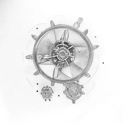 A mechanical raven with gears and tools in a farm setting tattoo design idea