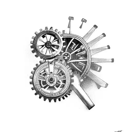 A mechanical raven with gears and tools in a farm setting tattoo design idea