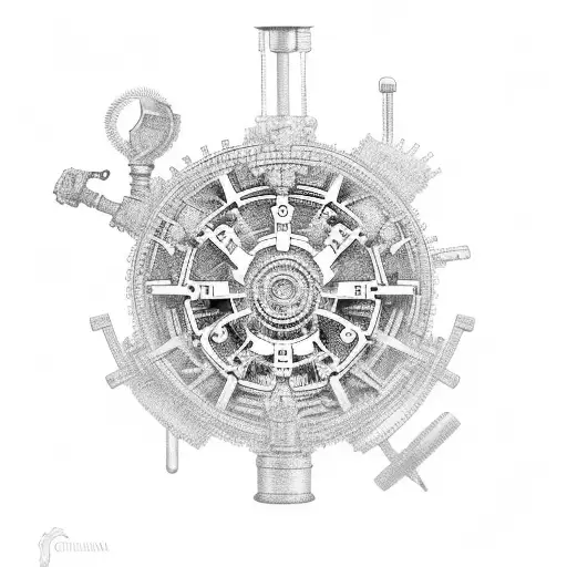 An intricate black-grey tattoo depicting a maintenance worker surrounded by gears and farm machinery tattoo design idea
