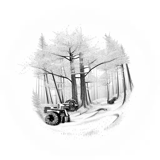 A forest landscape with mechanical farm equipment integrated into the scenery tattoo design idea