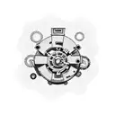 An intricate black-grey tattoo depicting a maintenance worker surrounded by gears and farm machinery tattoo design idea