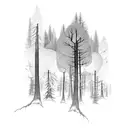 A blackwork tattoo of a forest with hidden mechanical farm elements scattered throughout the design tattoo design idea